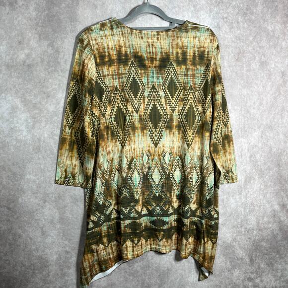Indigo Soul Tunic Top Womens Large Brown Geometric Print Sharkbite Hem V-Neck - Picture 4 of 8